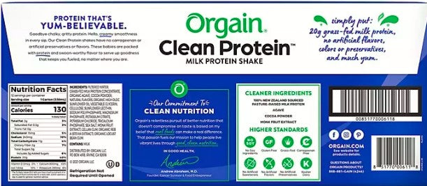 Orgain Clean Protein Grass Fed Shake, Creamy Chocolate Fudge (12 ct.)