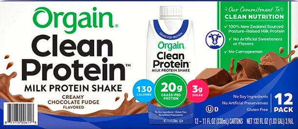 Orgain Clean Protein Grass Fed Shake, Creamy Chocolate Fudge (12 ct.)